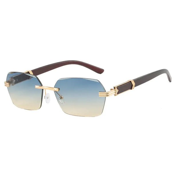 Frameless cut edge sunglasses, small frame wood grain leg sunglasses, irregular square trendy sunglasses, concave design - Memoriex 