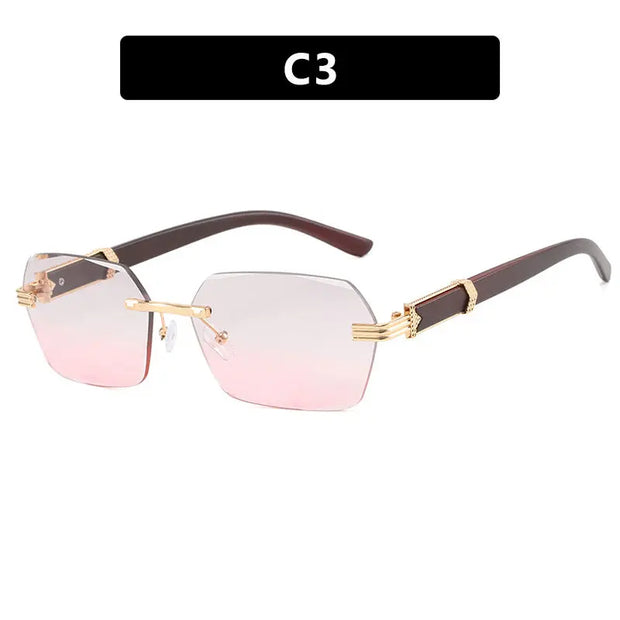 Frameless cut edge sunglasses, small frame wood grain leg sunglasses, irregular square trendy sunglasses, concave design - Memoriex 
