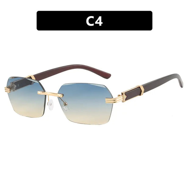 Frameless cut edge sunglasses, small frame wood grain leg sunglasses, irregular square trendy sunglasses, concave design - Memoriex 