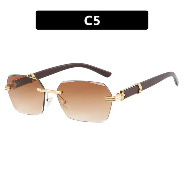 Frameless cut edge sunglasses, small frame wood grain leg sunglasses, irregular square trendy sunglasses, concave design - Memoriex 