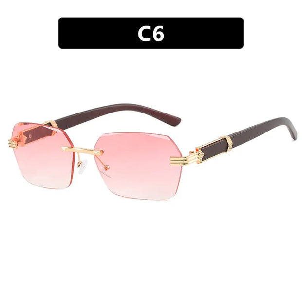 Frameless cut edge sunglasses, small frame wood grain leg sunglasses, irregular square trendy sunglasses, concave design - Memoriex 