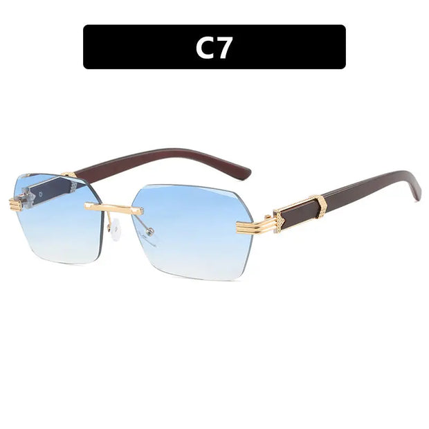 Frameless cut edge sunglasses, small frame wood grain leg sunglasses, irregular square trendy sunglasses, concave design - Memoriex 