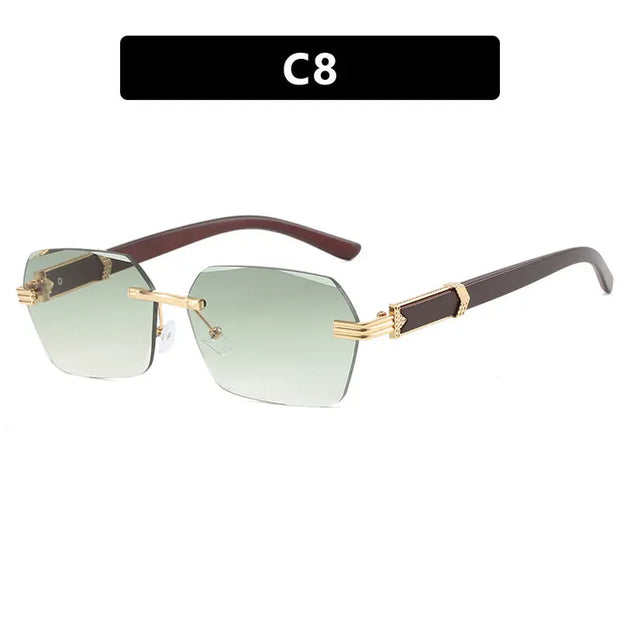 Frameless cut edge sunglasses, small frame wood grain leg sunglasses, irregular square trendy sunglasses, concave design - Memoriex 