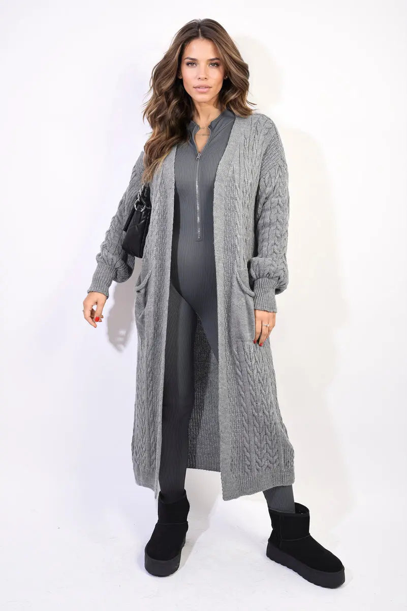 Front Open Long Knitted Cardigan with Front Pockets - Memoriex 