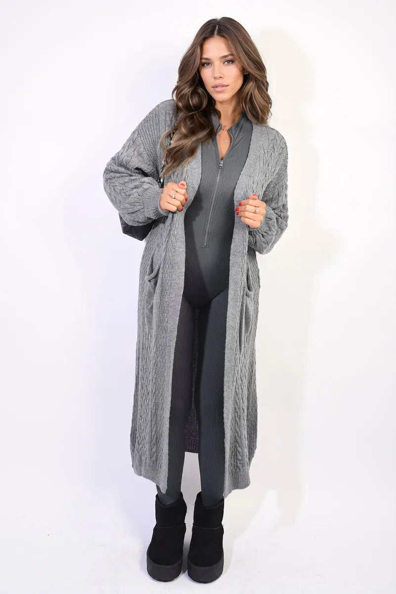 Front Open Long Knitted Cardigan with Front Pockets - Memoriex 