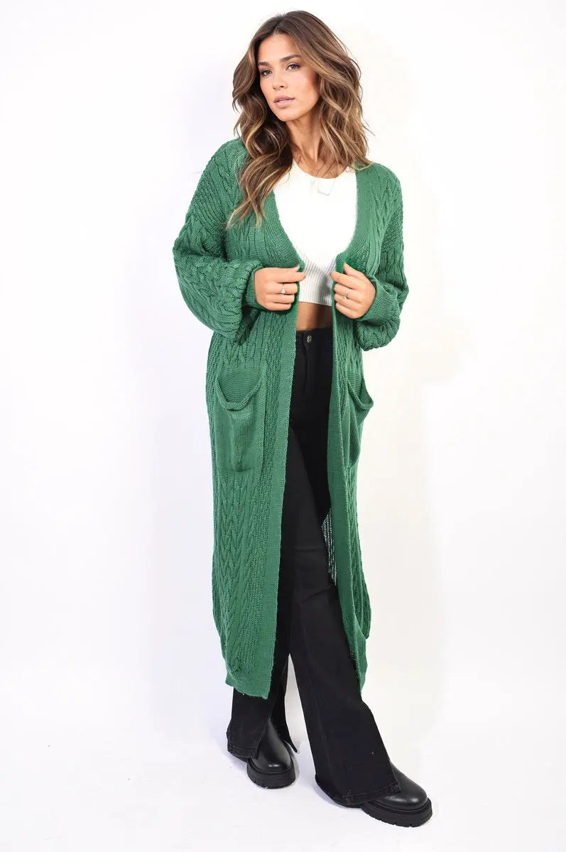 Front Open Long Knitted Cardigan with Front Pockets - Memoriex 