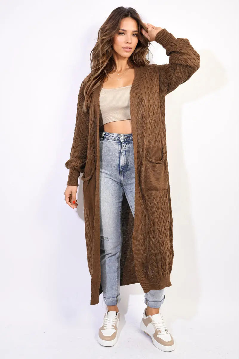 Front Open Long Knitted Cardigan with Front Pockets - Memoriex 