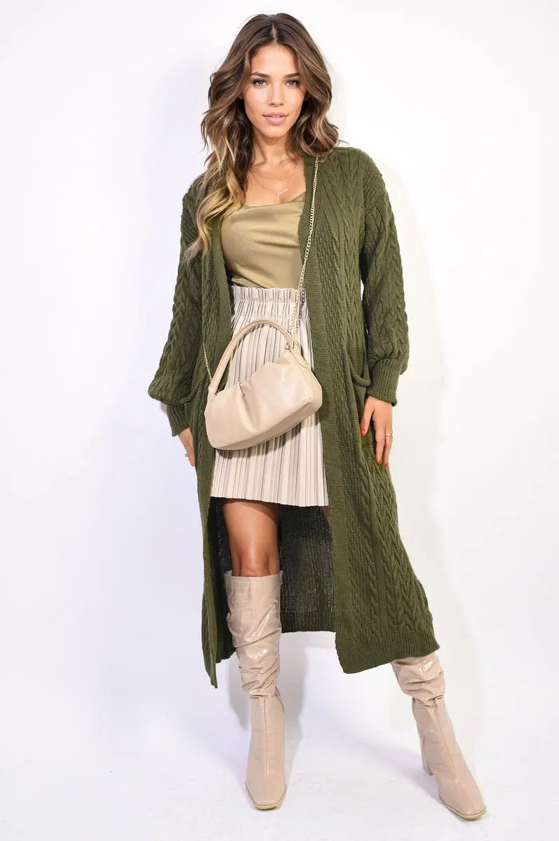 Front Open Long Knitted Cardigan with Front Pockets - Memoriex 