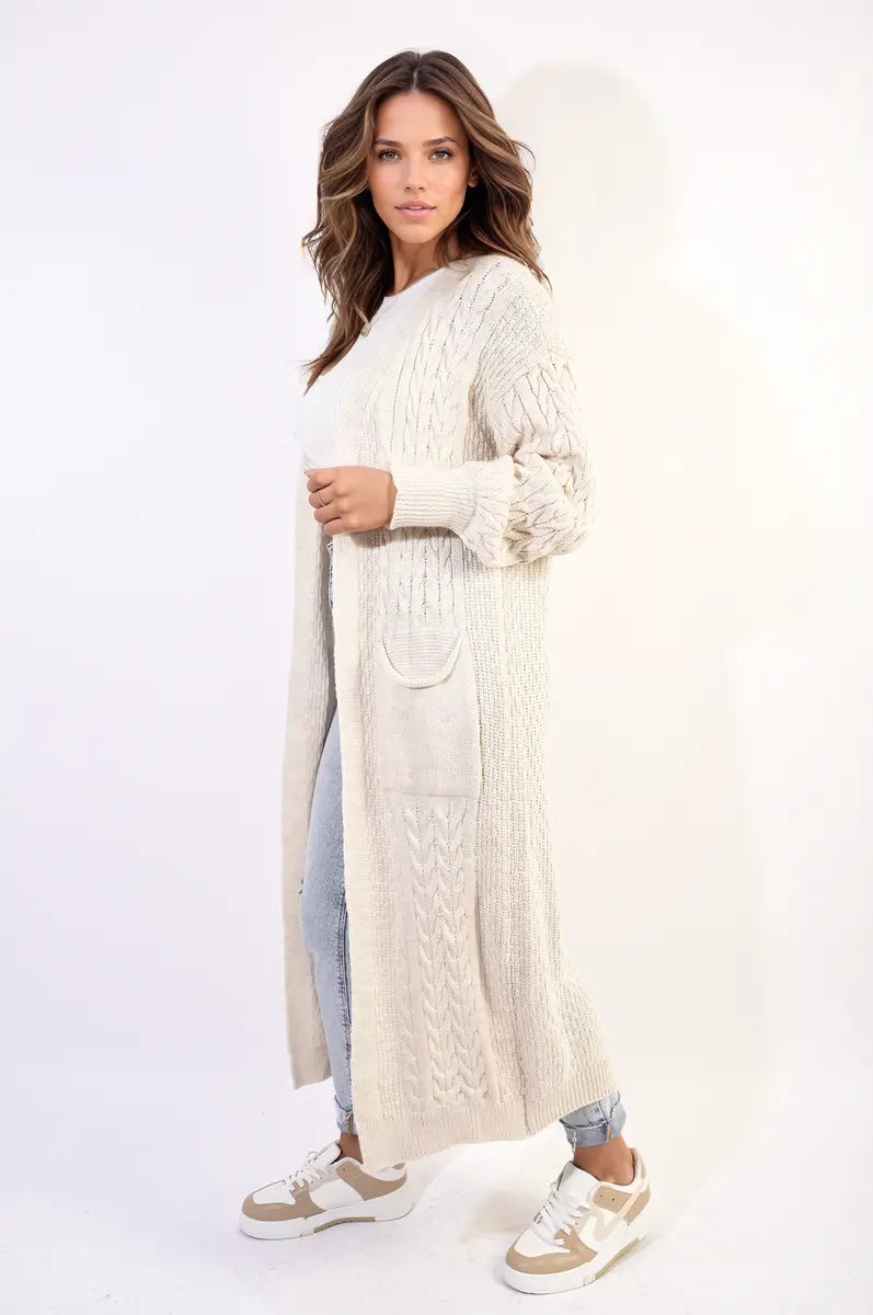 Front Open Long Knitted Cardigan with Front Pockets - Memoriex 