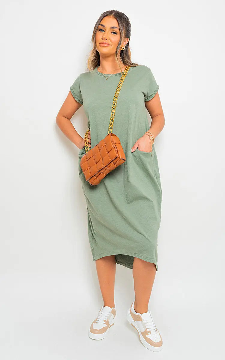 Front Pockets Short Sleeve Midi Dress-2