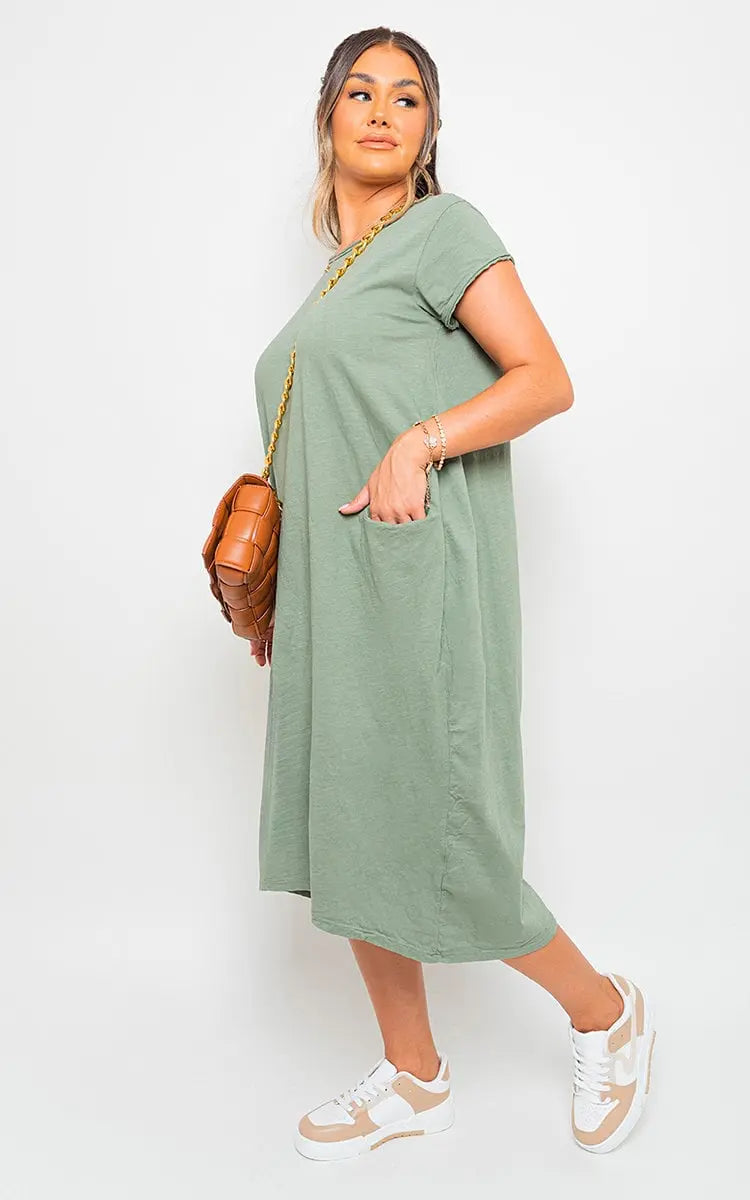 Front Pockets Short Sleeve Midi Dress-3