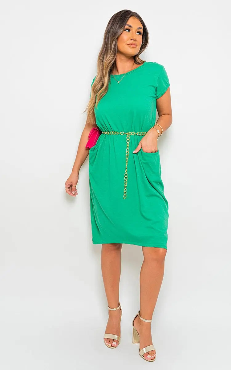 Front Pockets Short Sleeve Midi Dress-5