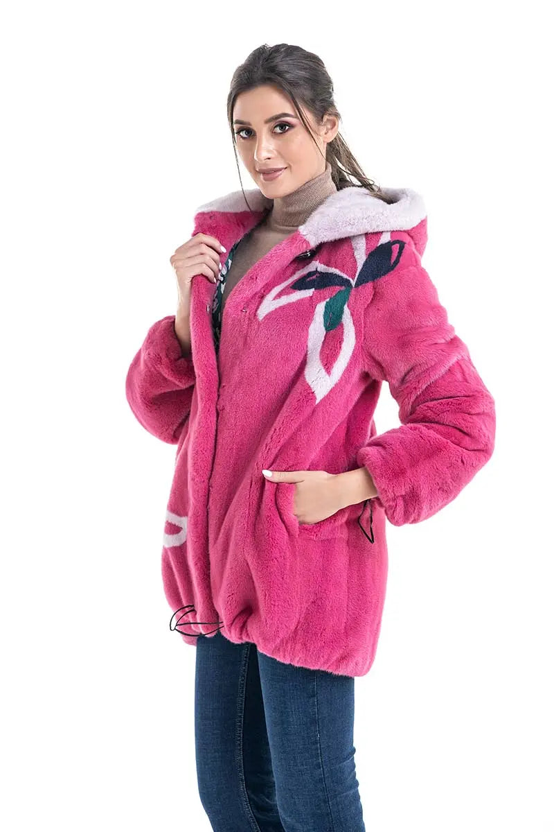 Fuchsia Floral Patterned Genuine Hooded Mink Fur Coat-0