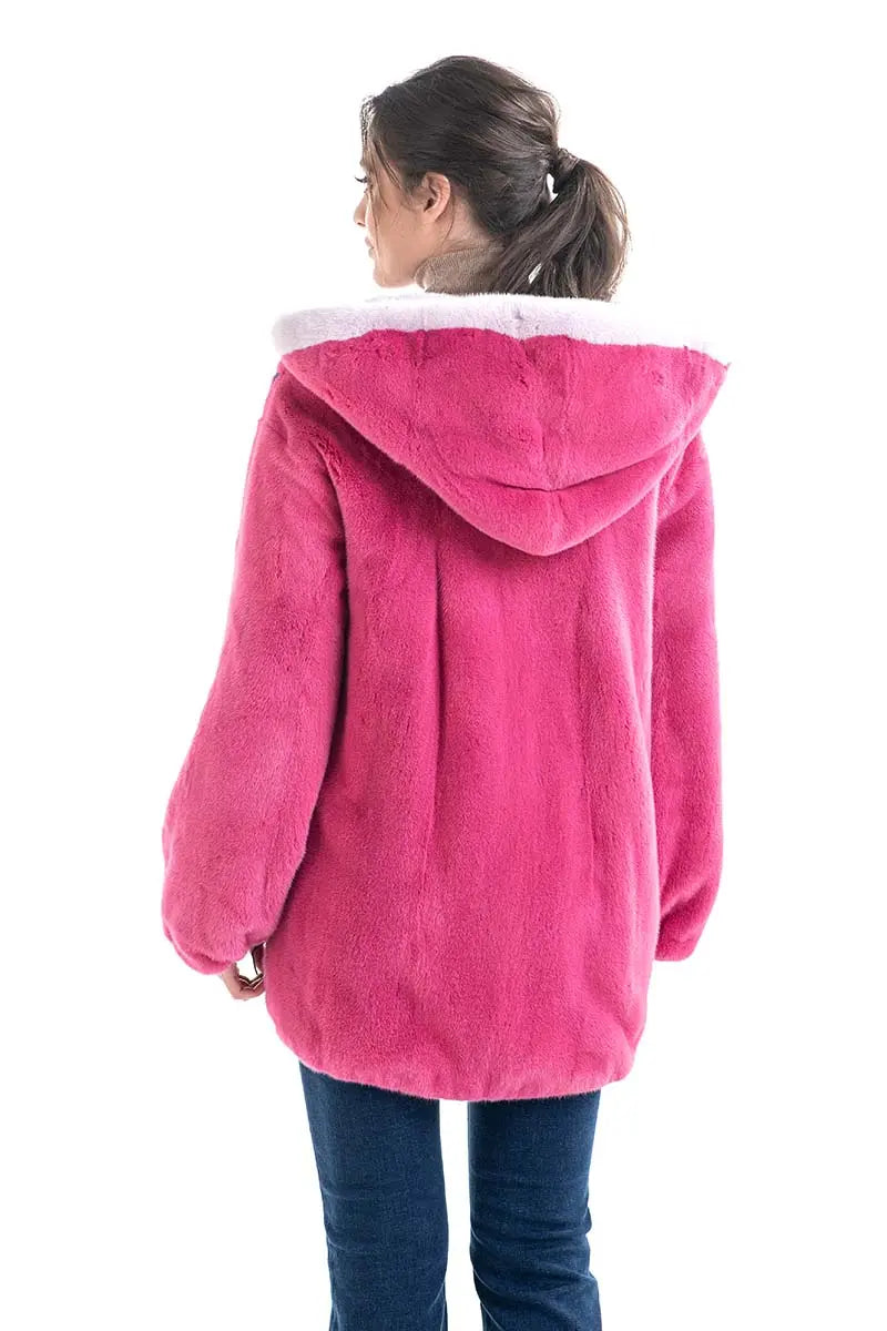 Fuchsia Floral Patterned Genuine Hooded Mink Fur Coat-1