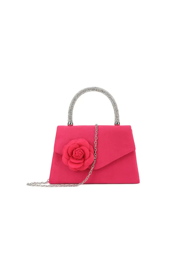 Fuchsia Suedette Flower Embellished Evening Bag-0