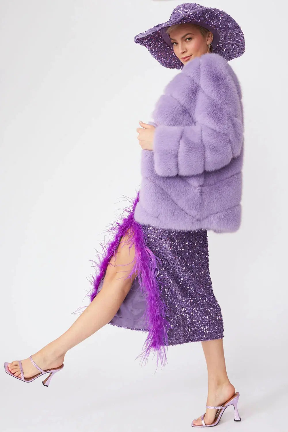 Gaga Faux Fur Striped Lilac Coat-1