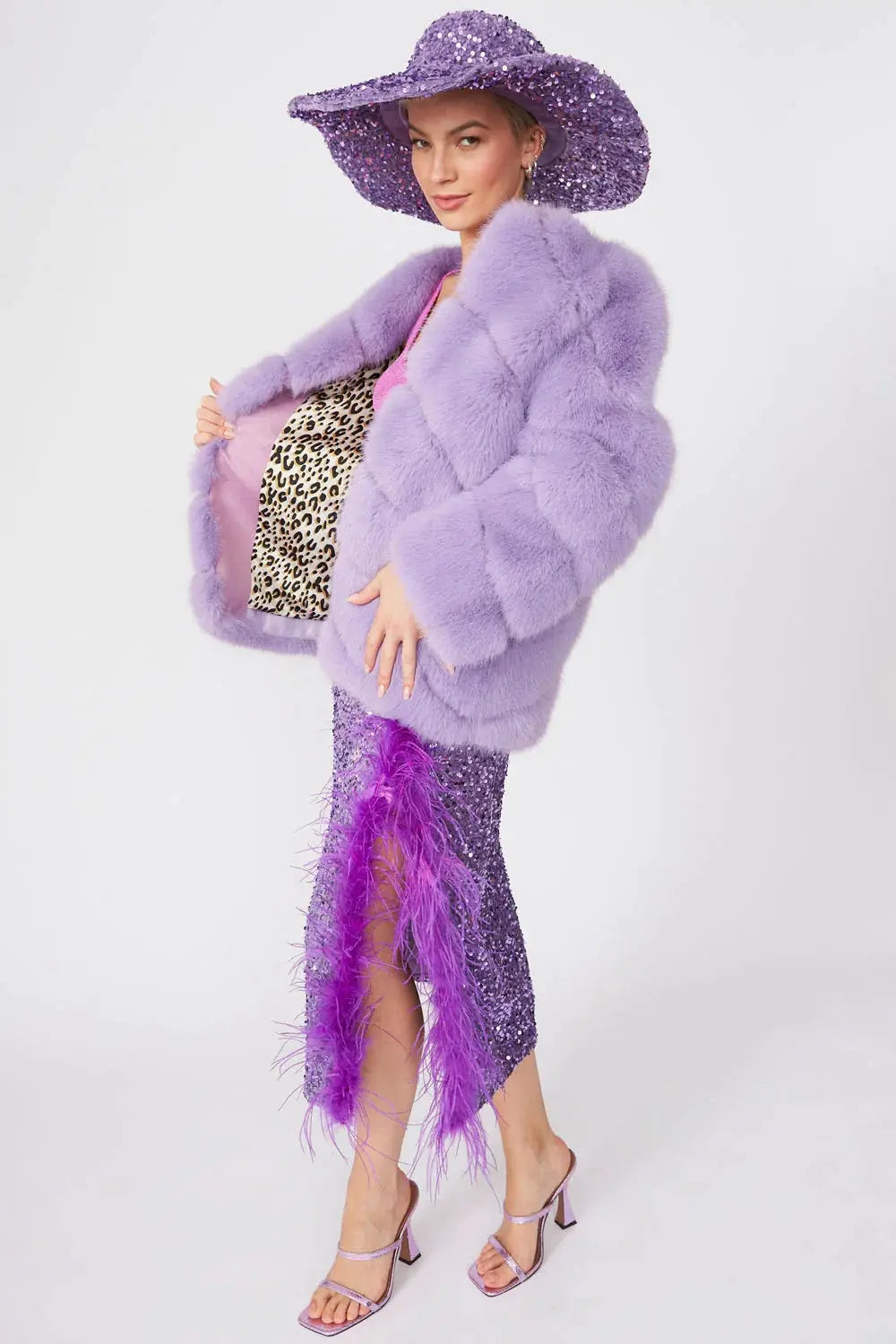 Gaga Faux Fur Striped Lilac Coat-2