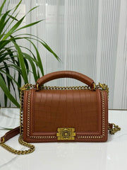 Genuine Crocodile Leather Top Handle Cross Body Flap Chain Bag Brown-0