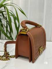 Genuine Crocodile Leather Top Handle Cross Body Flap Chain Bag Brown-1