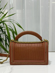 Genuine Crocodile Leather Top Handle Cross Body Flap Chain Bag Brown-2