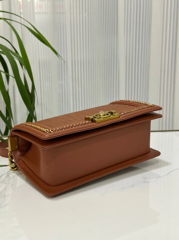 Genuine Crocodile Leather Top Handle Cross Body Flap Chain Bag Brown-3