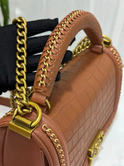 Genuine Crocodile Leather Top Handle Cross Body Flap Chain Bag Brown-4