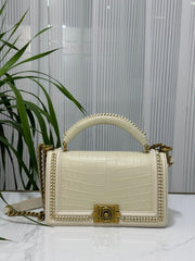 Genuine Crocodile Leather Top Handle Cross Body Flap Chain Bag Cream-0