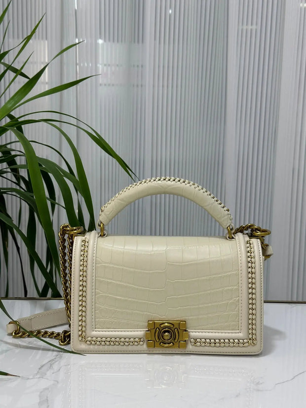 Genuine Crocodile Leather Top Handle Cross Body Flap Chain Bag Cream-0