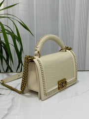 Genuine Crocodile Leather Top Handle Cross Body Flap Chain Bag Cream-1