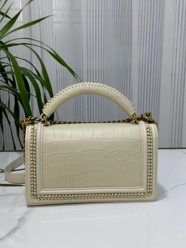Genuine Crocodile Leather Top Handle Cross Body Flap Chain Bag Cream-2