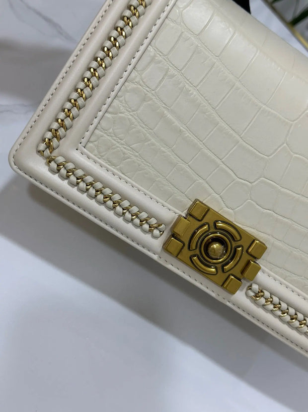 Genuine Crocodile Leather Top Handle Cross Body Flap Chain Bag Cream-4