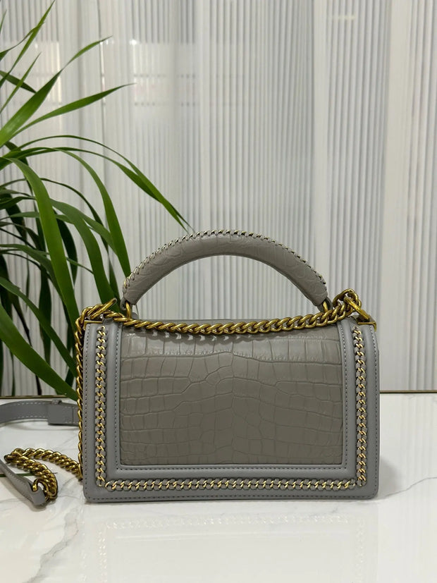 Genuine Crocodile Leather Top Handle Cross Body Flap Chain Bag Grey-2