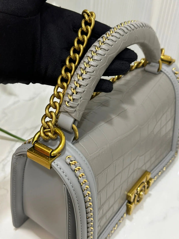 Genuine Crocodile Leather Top Handle Cross Body Flap Chain Bag Grey-3