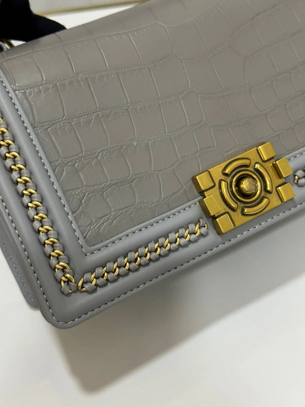 Genuine Crocodile Leather Top Handle Cross Body Flap Chain Bag Grey-4