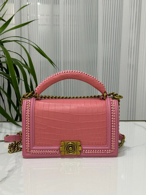Genuine Crocodile Leather Top Handle Cross Body Flap Chain Bag Pink-0