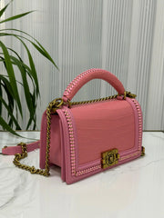 Genuine Crocodile Leather Top Handle Cross Body Flap Chain Bag Pink-1