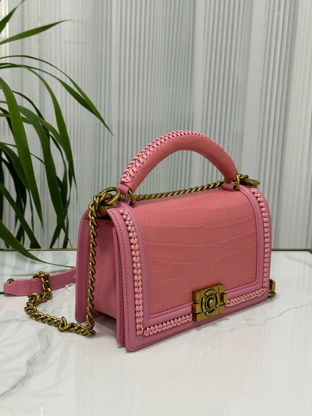 Genuine Crocodile Leather Top Handle Cross Body Flap Chain Bag Pink-1
