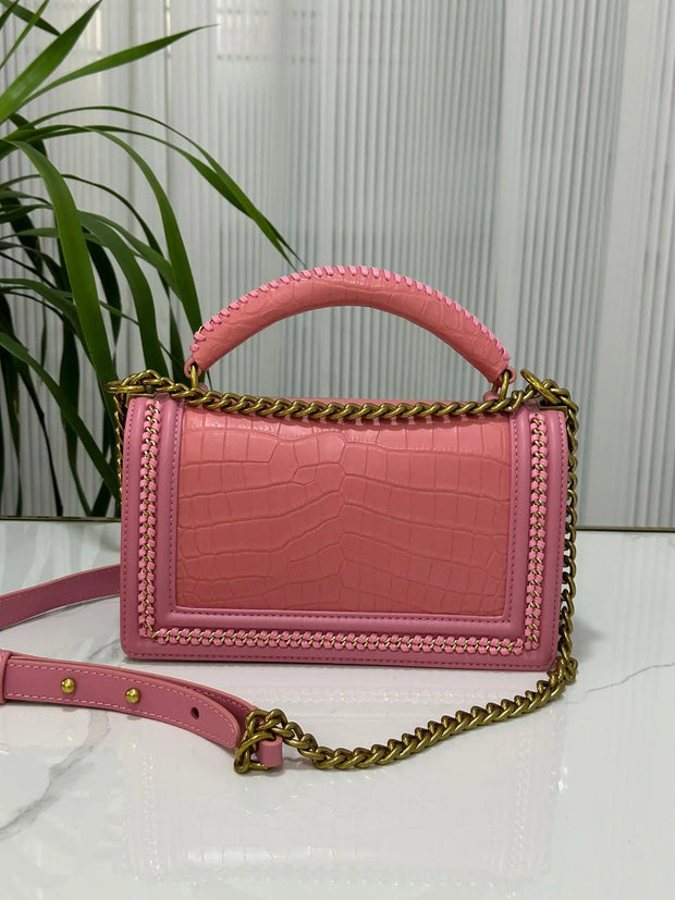Genuine Crocodile Leather Top Handle Cross Body Flap Chain Bag Pink-2