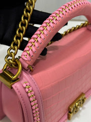 Genuine Crocodile Leather Top Handle Cross Body Flap Chain Bag Pink-4