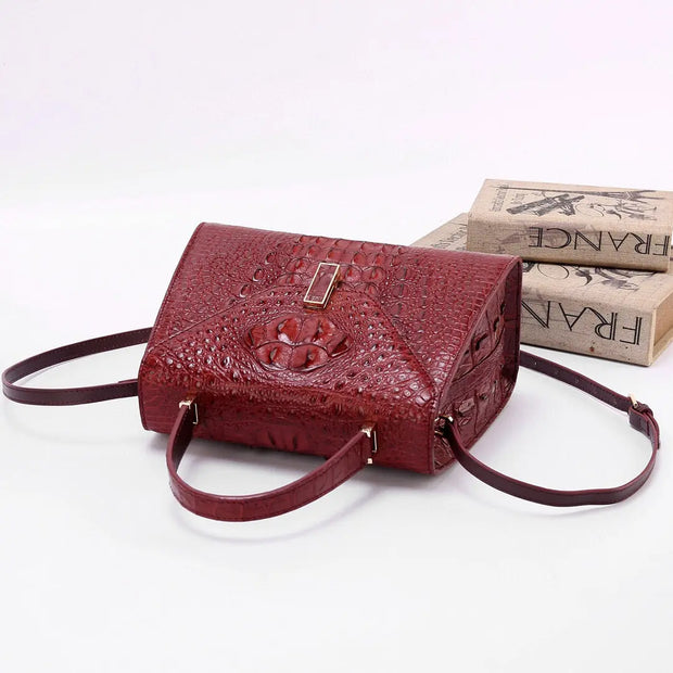 Genuine Crocodile Skin Bone Leather Top Handle Bags Wine Red-4