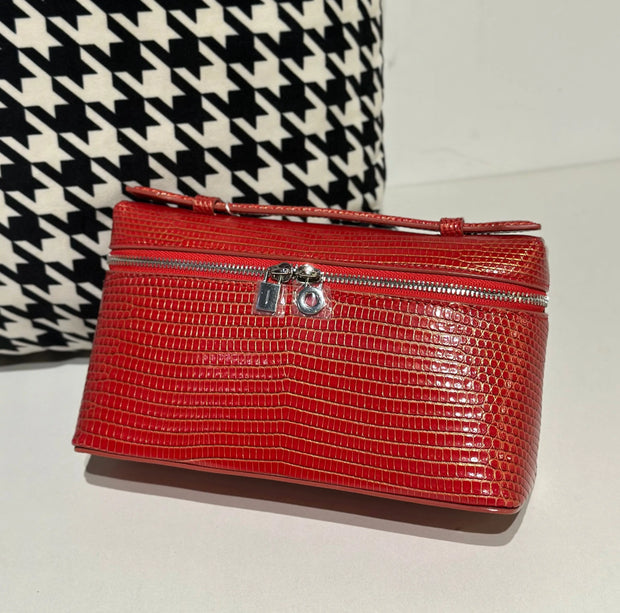 Genuine Lizard Skin Leather Zipper Cosmetic Handle Bag-0