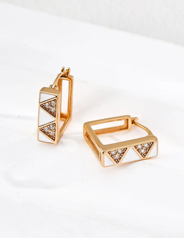 Geometric Triangle Enamel CZ Huggie Earrings-1