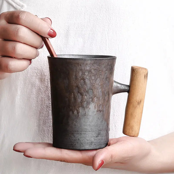 Glaze Retro Wooden Handle Mug, Household Ceramic Tea Cup, Handmade Rough Ceramic Office Coffee Cup - Memoriex 