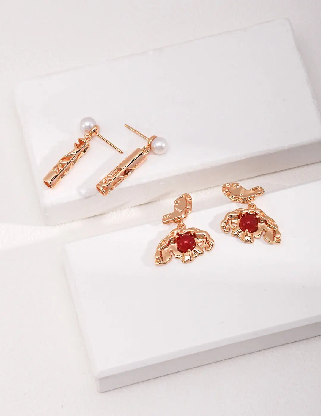 Gold Bird With Red Agate Earrings-3