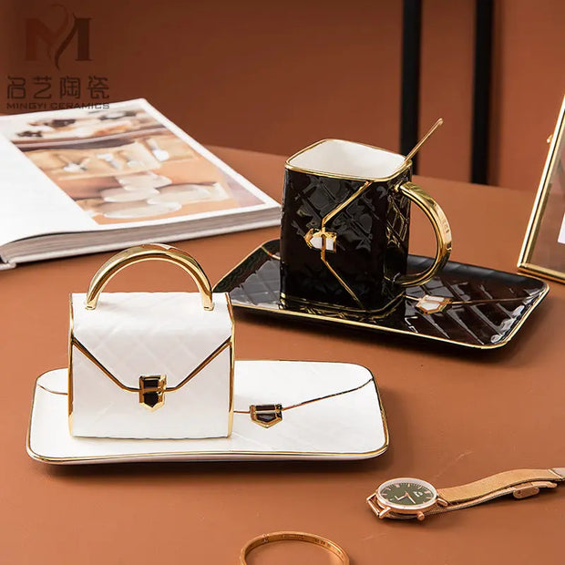 Gold-Painted Coffee Cup And Saucer Set Creative Bag Shape Snack Ceramic Saucer Mug - Memoriex 