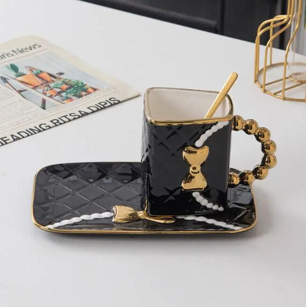 Gold-Painted Coffee Cup And Saucer Set Creative Bag Shape Snack Ceramic Saucer Mug - Memoriex 