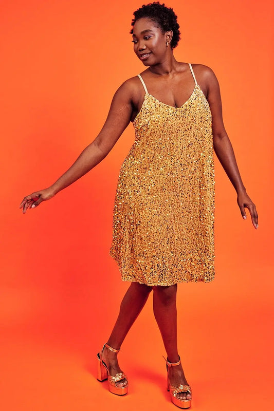 Gold Sequin Curve Size Cami Swing Dress-0