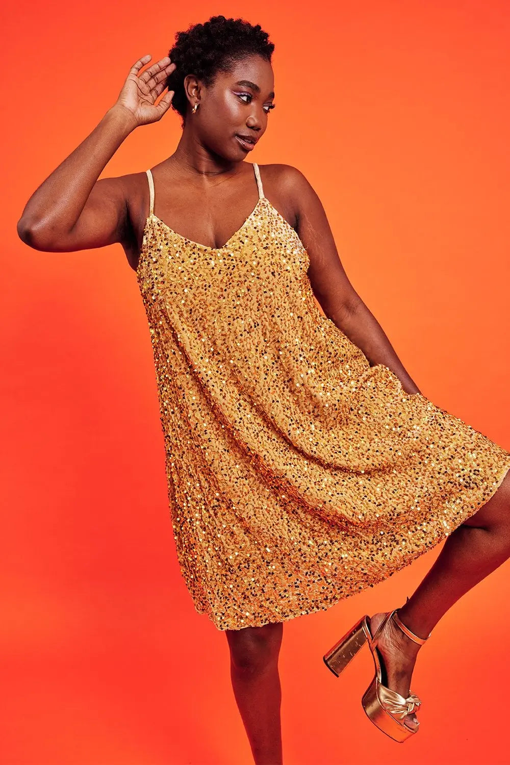 Gold Sequin Curve Size Cami Swing Dress-2