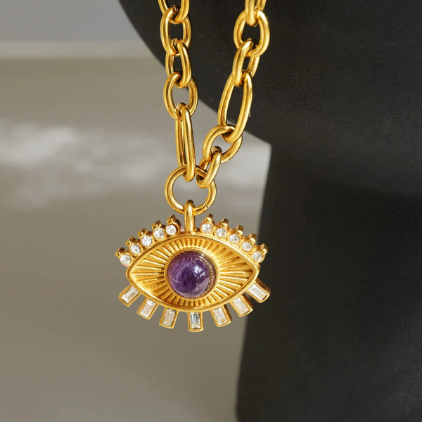 Gold titanium steel lucky eye zircon pendant necklace - Memoriex 