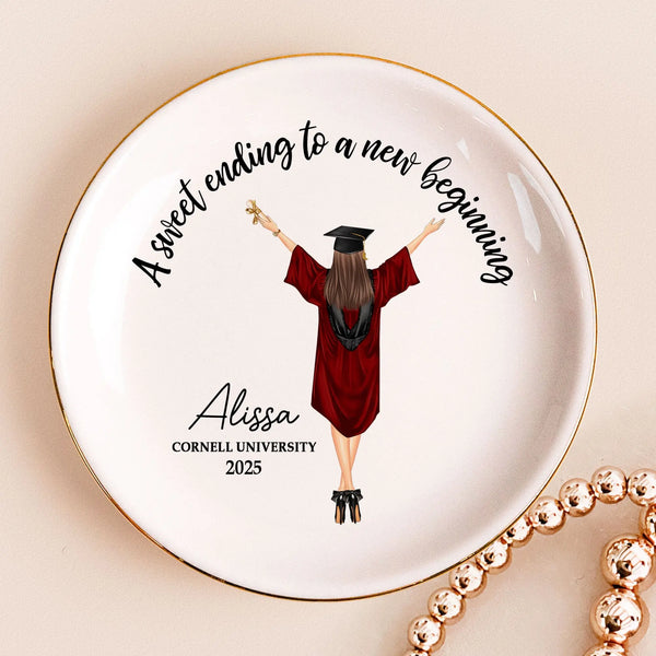Graduation Gift A Sweet Ending To A New Beginning - Personalized Circle Jewelry Dish - Memoriex